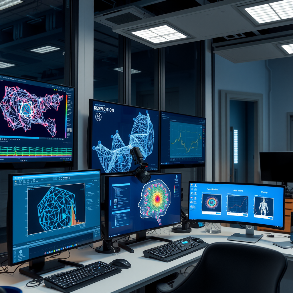 Modern AI research laboratory with multiple monitors displaying neural network visualizations, video generation models, and stable diffusion algorithms in action