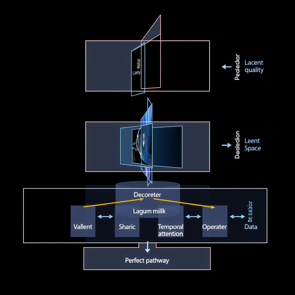 Detailed architectural diagram showing the layers and components of a video diffusion model, including encoder networks, latent space representations, temporal attention mechanisms, and decoder pathways with data flow arrows