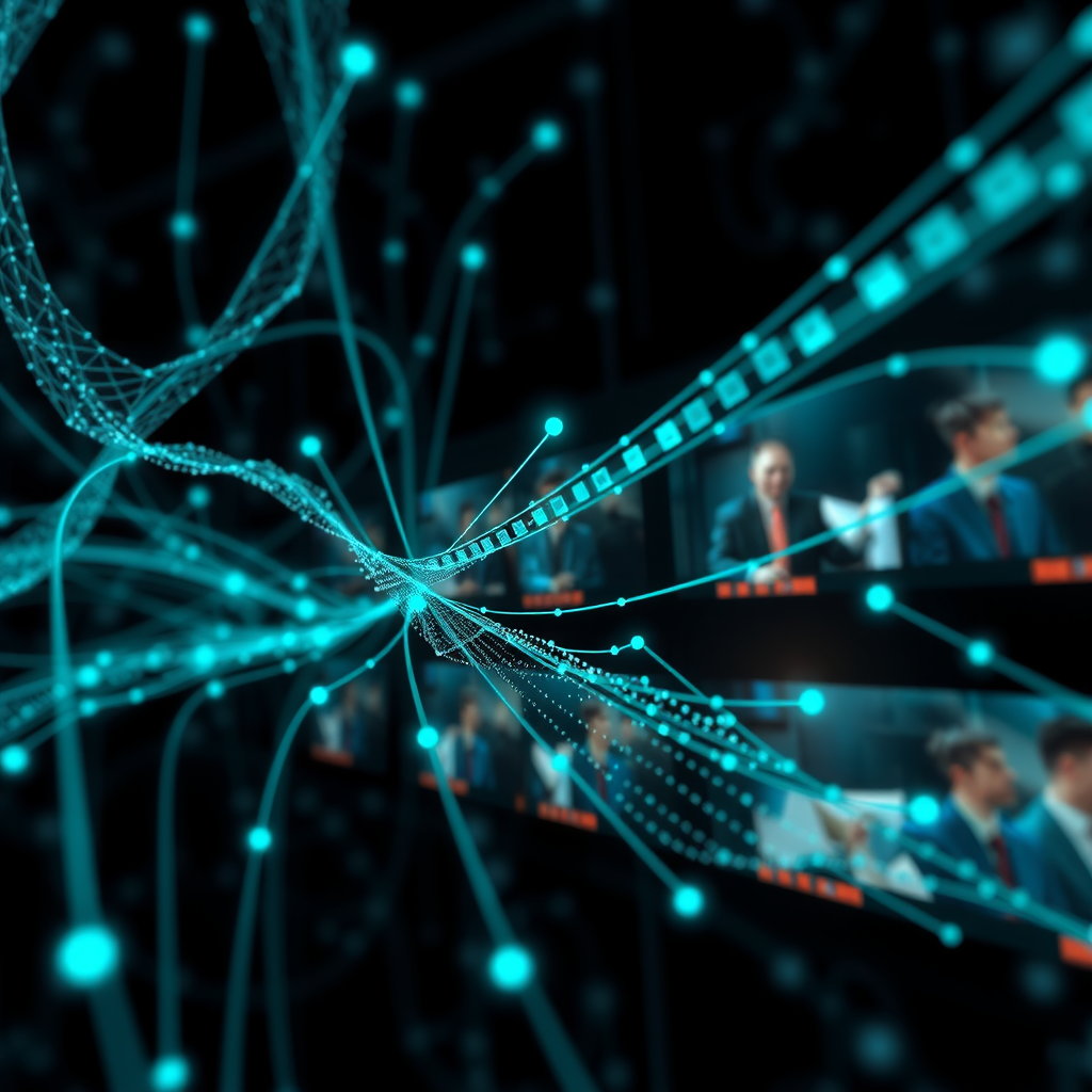 Abstract visualization of AI neural networks analyzing motion patterns in video frames, showing flowing data streams and trajectory paths overlaid on video sequences with glowing teal accents against a dark technological background