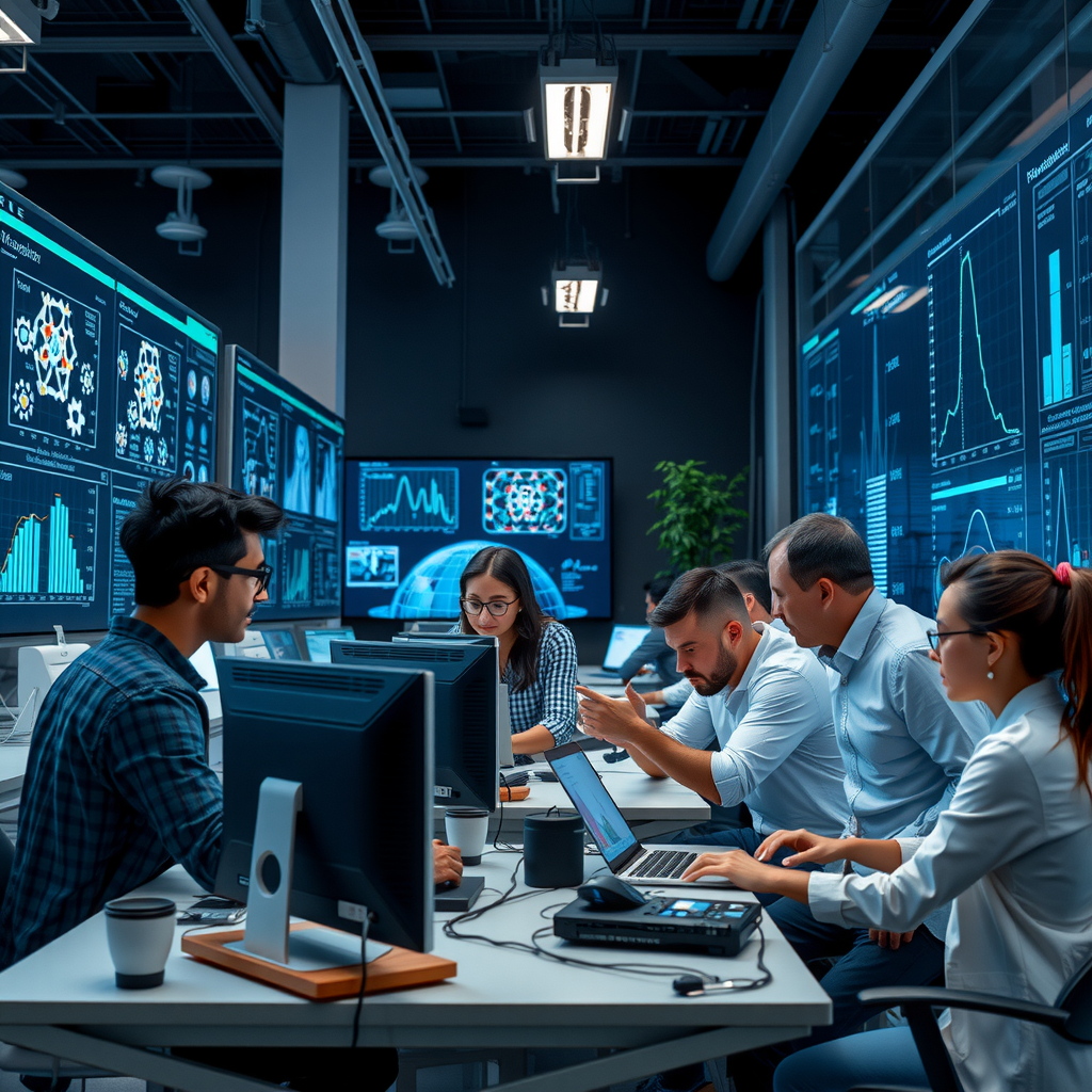 Modern AI research laboratory with diverse team of researchers working collaboratively on video generation models, surrounded by transparent data visualization screens showing model architecture and dataset documentation, emphasizing open science and ethical AI development