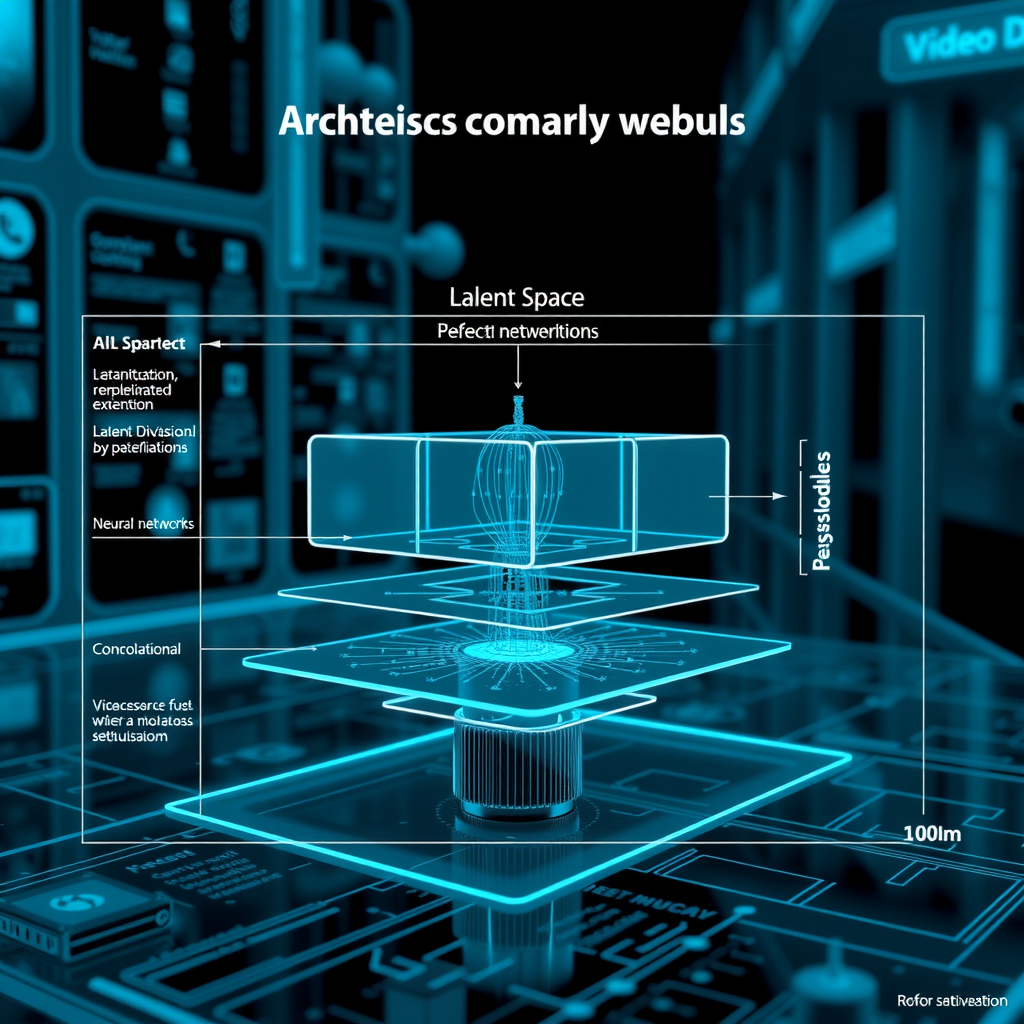 Technical diagram showing architectural foundations of video diffusion models with latent space representations, neural network layers, and computational flow visualized in futuristic teal and blue color scheme
