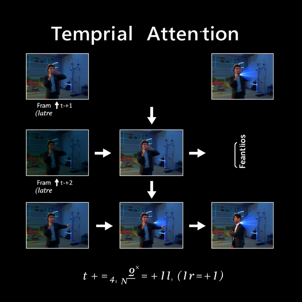 Technical diagram illustrating temporal attention mechanism in video diffusion models, showing how features from frame t-1, t, and t+1 are combined through attention weights, with arrows indicating information flow and mathematical notation for attention operations