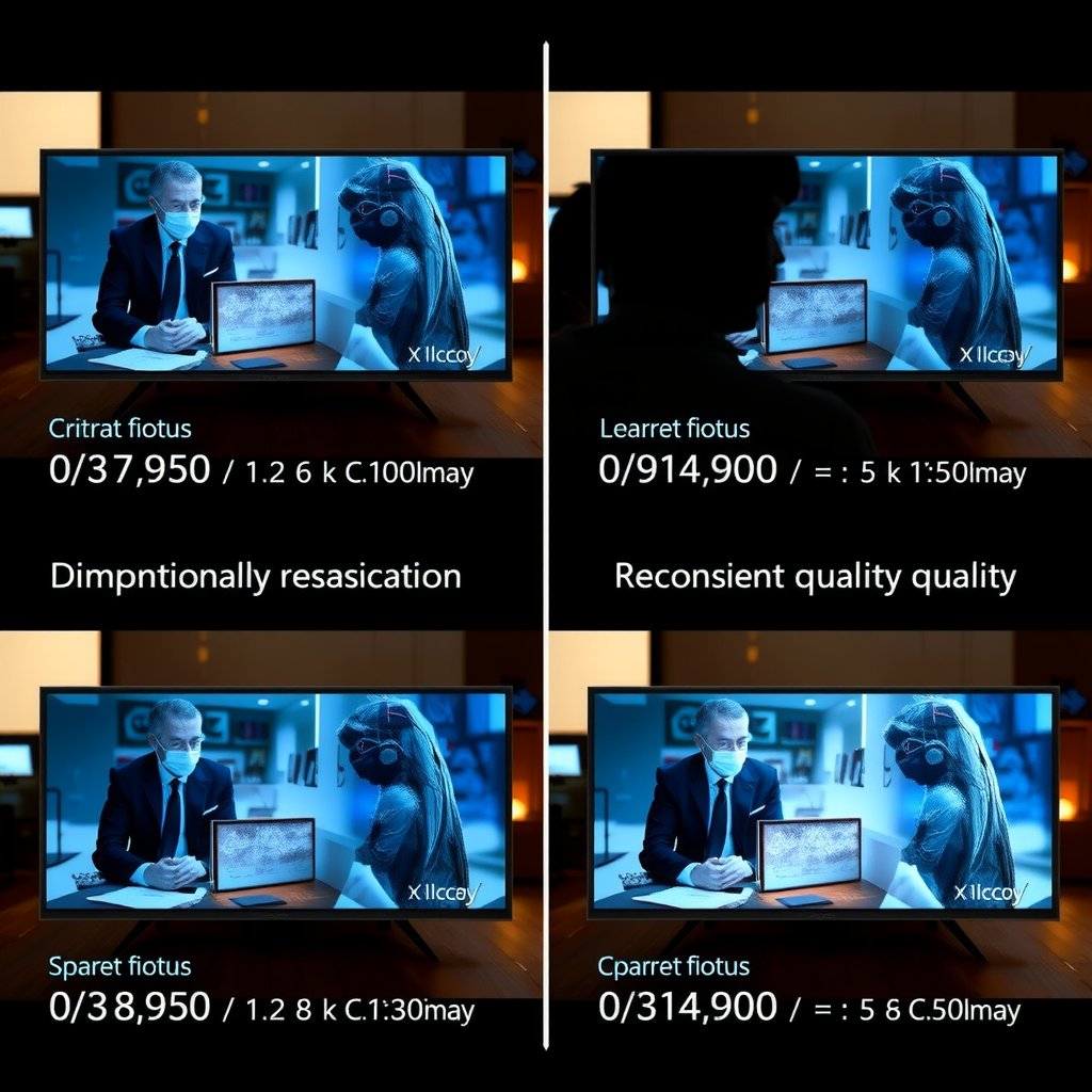 Visual comparison showing original video frames on the left and their compressed latent space representations on the right, with dimensionality reduction metrics and reconstruction quality indicators displayed between them