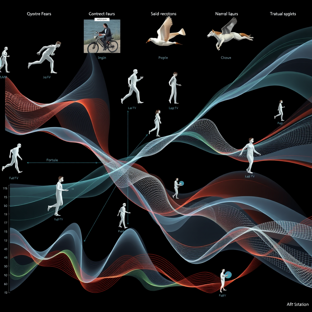 Detailed diagram showing diverse motion patterns extracted from training data, including human movements, object trajectories, fluid dynamics, and natural phenomena, visualized as flowing lines and vectors with analytical overlays