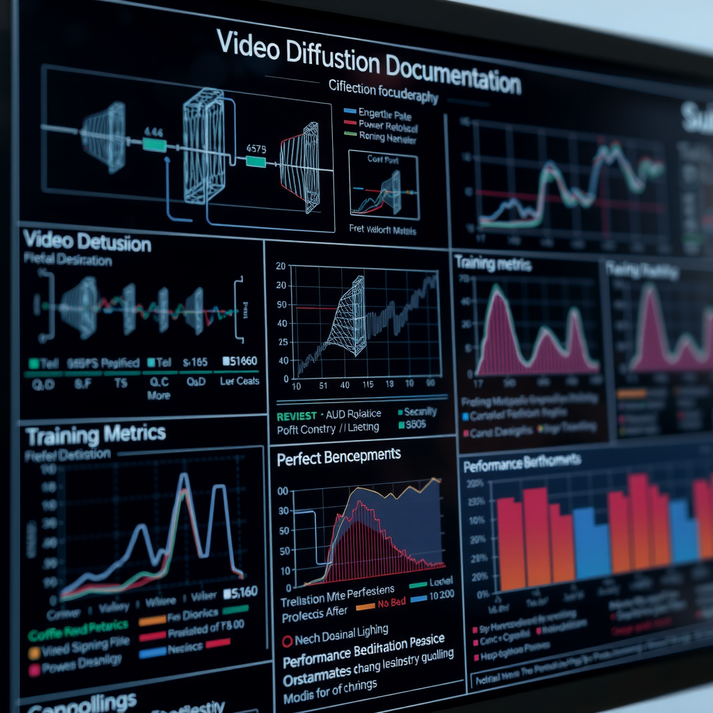 Detailed technical documentation interface displaying neural network architecture diagrams for video diffusion models, comprehensive training metrics graphs, performance benchmarks, and transparent reporting of model capabilities and limitations