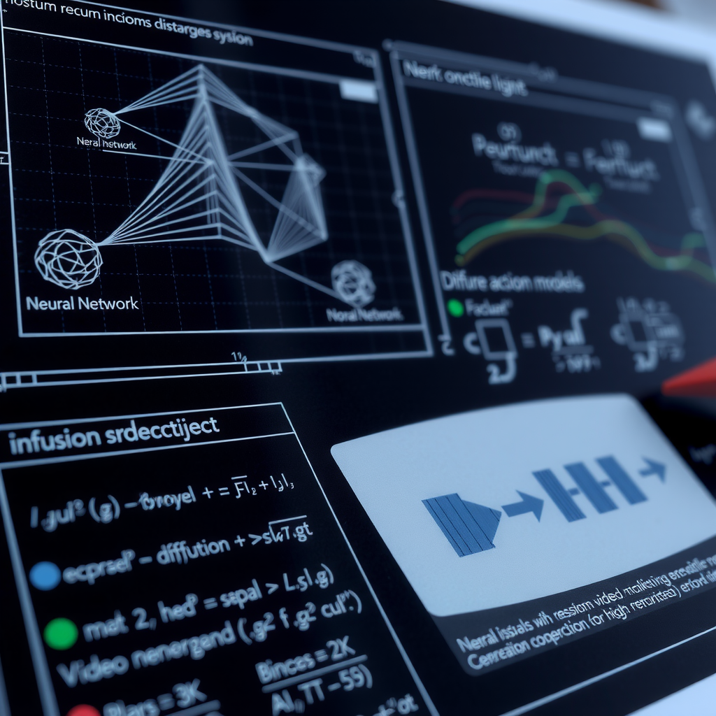 Technical documentation displaying neural network architecture diagrams, mathematical formulas for diffusion models, and detailed explanations of video generation algorithms
