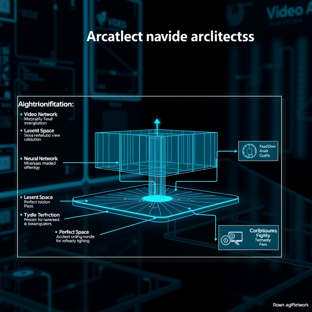 Technical diagram showing the architectural foundations of video diffusion models with neural network layers, latent space representations, and computational flow paths illustrated in futuristic teal and blue color scheme