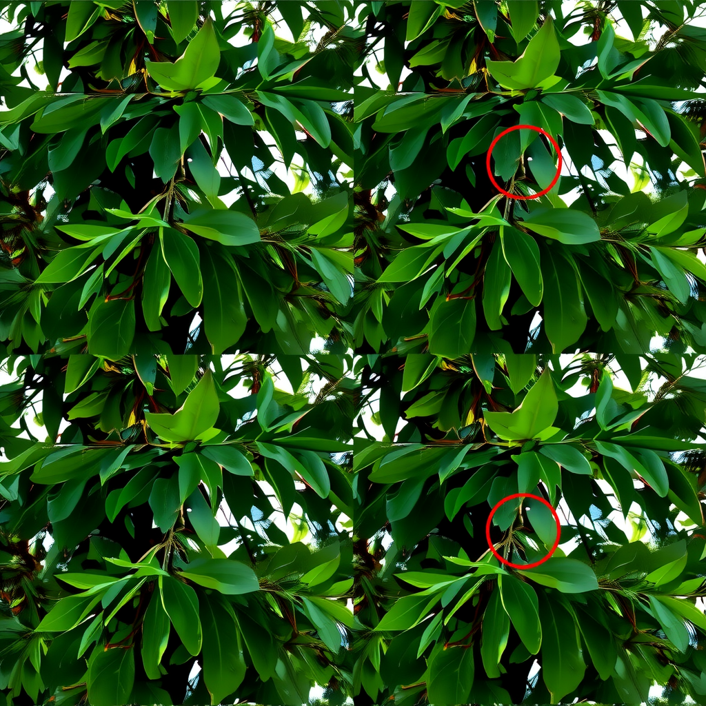 Side-by-side comparison showing three consecutive frames of AI-generated video with visible flickering in tree foliage, highlighting how leaf textures change inconsistently between frames with red circles marking problem areas