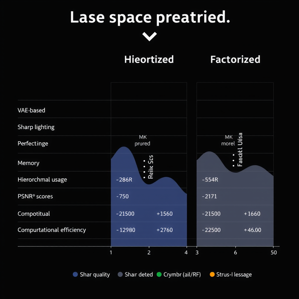 Detailed comparison chart displaying three columns representing different latent space architectures (VAE-based, Hierarchical, and Factorized), with rows showing metrics for compression ratio, memory usage, PSNR scores, and computational efficiency with color-coded performance indicators
