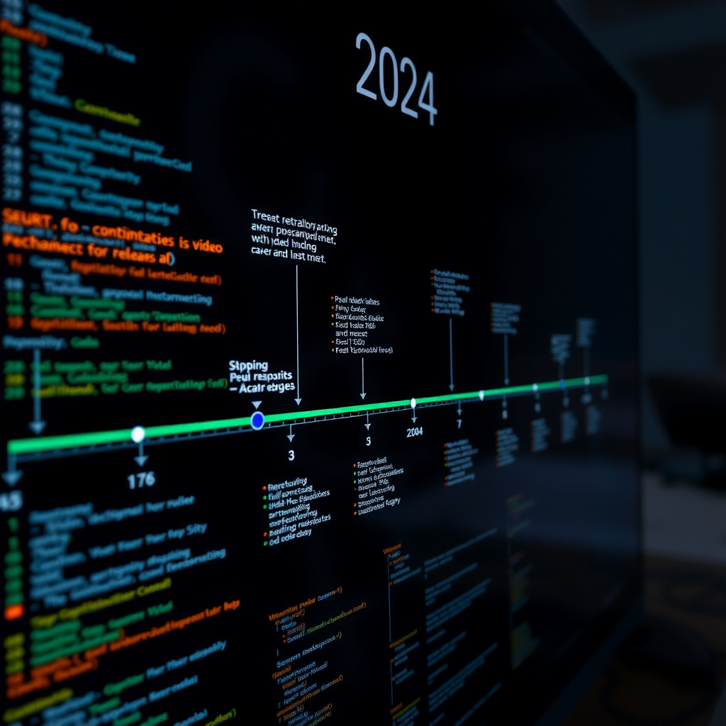 Interactive timeline showing major code commits, pull requests, and releases across top video generation repositories throughout 2024, with glowing data points and contribution heatmaps