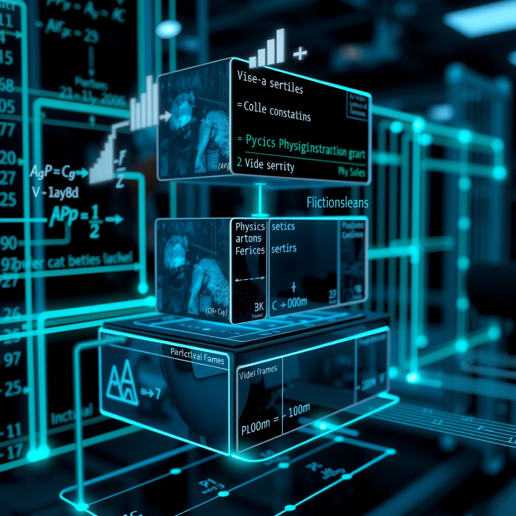 Technical schematic of a physics-informed neural network architecture showing layers processing video frames with integrated physics constraints, mathematical equations overlaid, and data flow paths highlighted in glowing teal