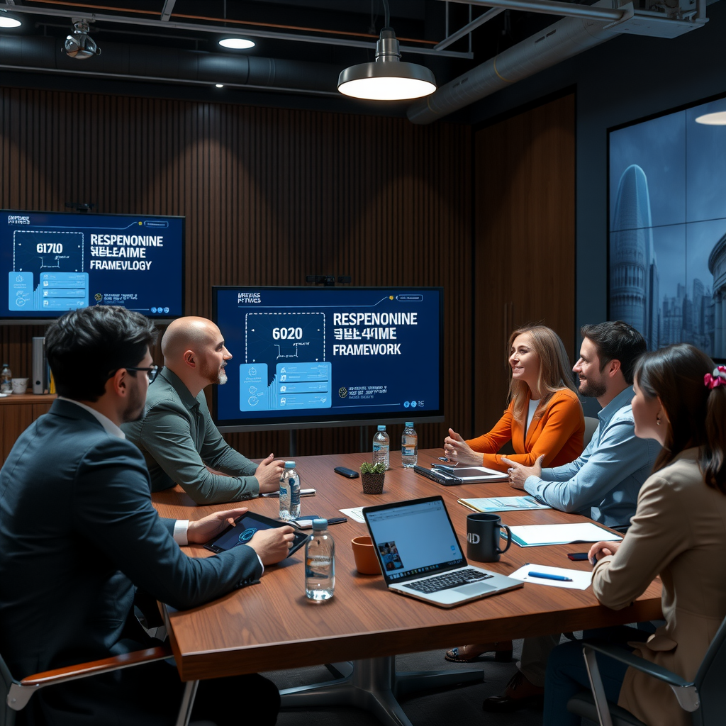 Professional ethics review board meeting with diverse group of AI researchers, ethicists, and community representatives discussing responsible development of video generation technology, with presentation screens showing impact assessment frameworks and safety guidelines