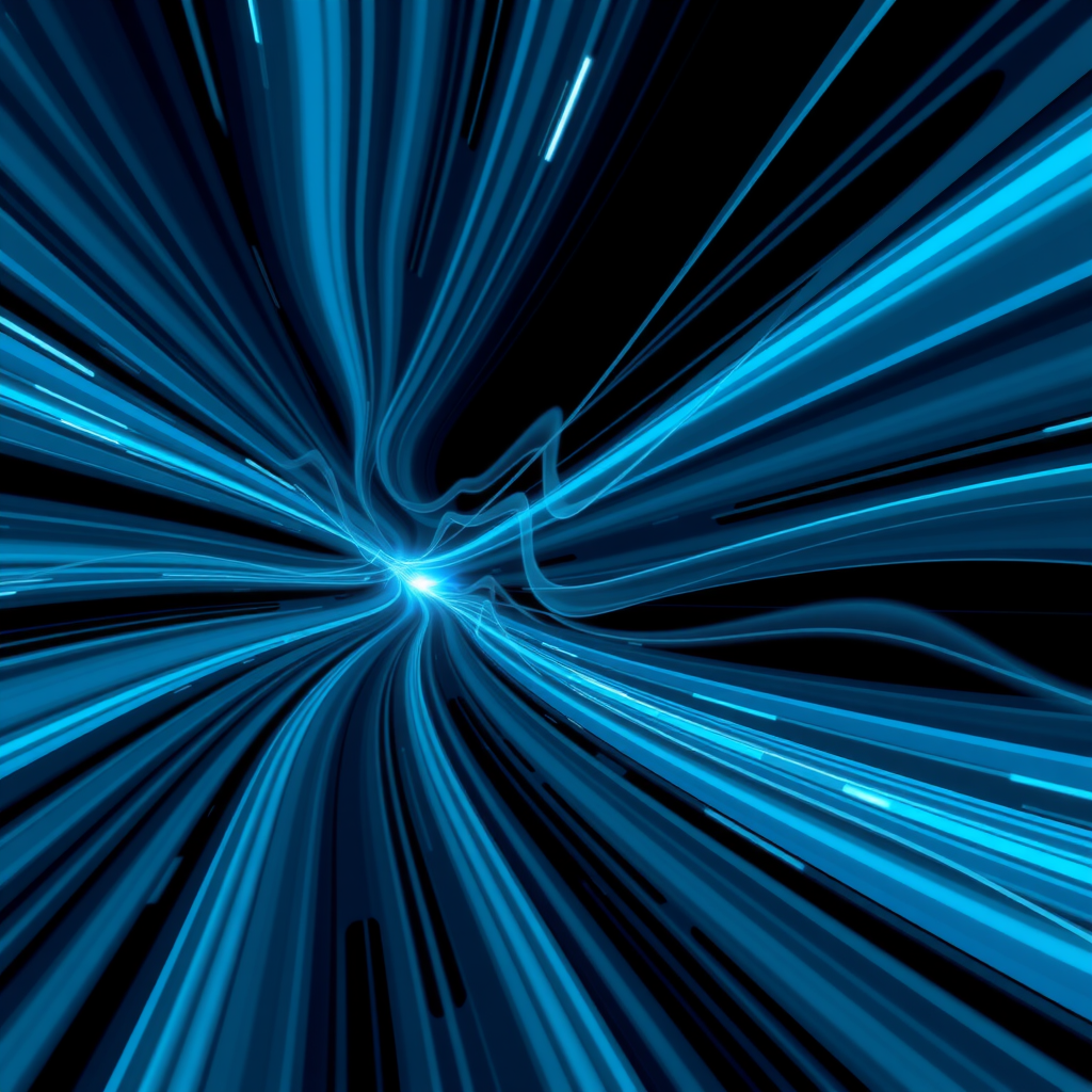 Dynamic visualization of realistic motion patterns in AI-generated video showing physics-based movement trajectories, velocity vectors, and motion flow analysis with electric blue and teal gradient effects