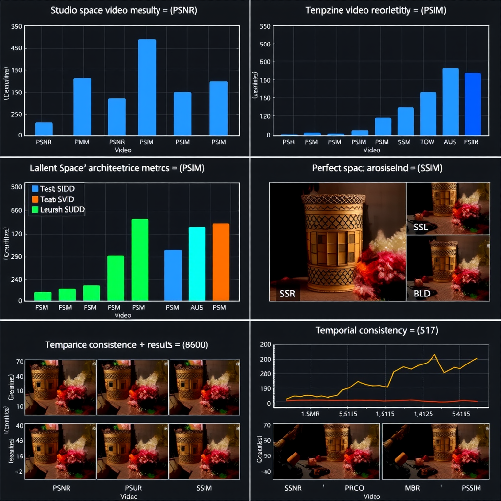 Comprehensive benchmark results displayed as a multi-panel visualization showing bar charts for PSNR, SSIM, and FVD metrics across different latent space architectures, with separate panels for different video categories and temporal consistency scores represented as line graphs