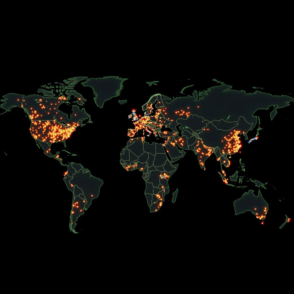World map showing adoption of open-source video generation tools across research institutions, with glowing nodes representing universities and research centers, connected by data flow lines