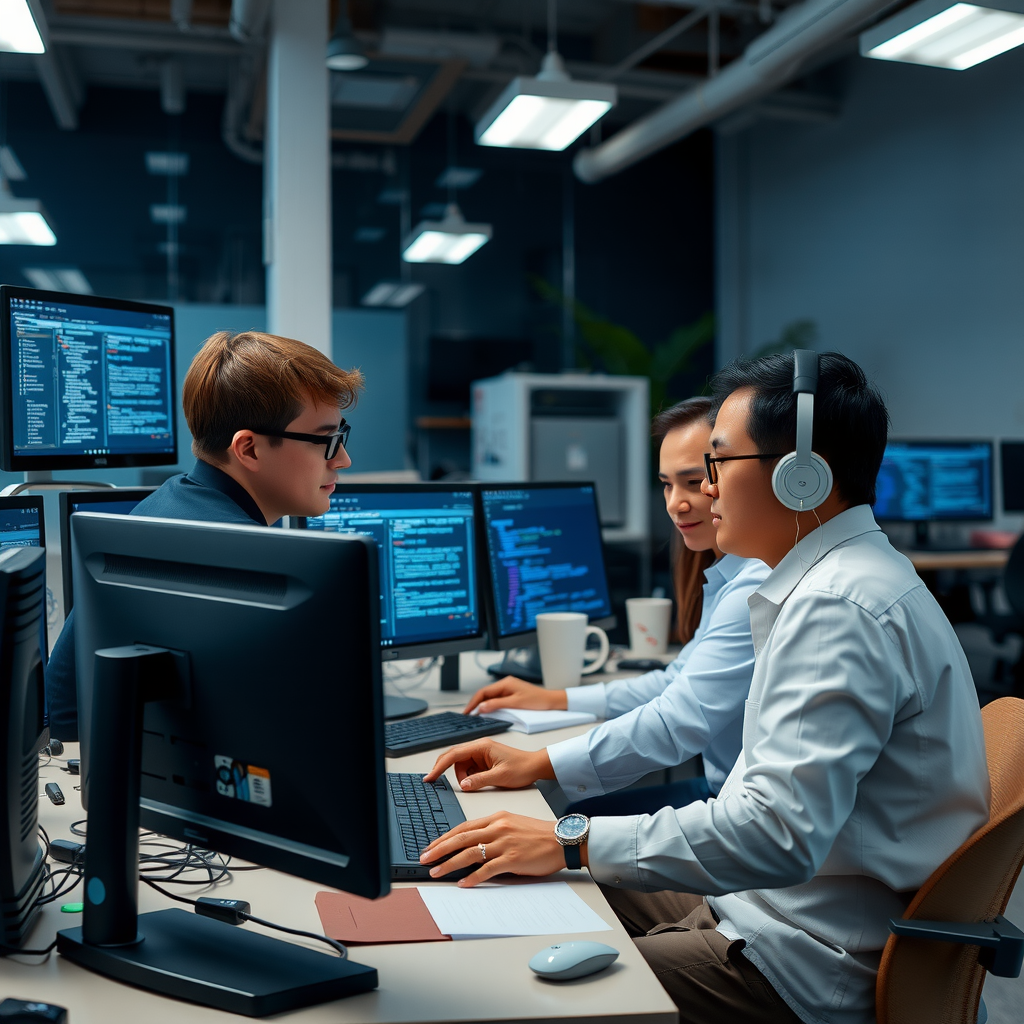 Modern university research laboratory showing graduate students and faculty members collaborating on open-source video generation projects, with multiple workstations displaying code repositories, research papers, and collaborative documentation tools emphasizing academic openness