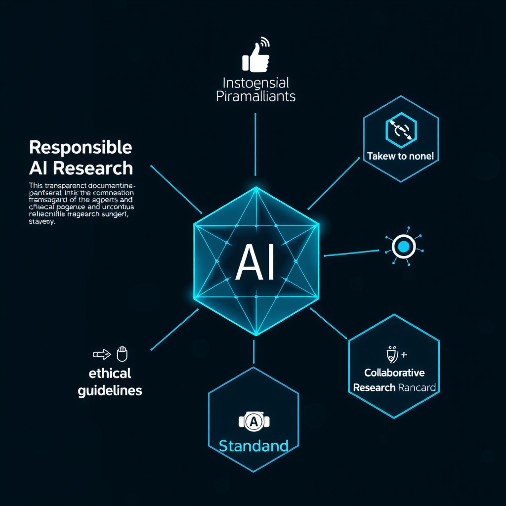 Conceptual representation of responsible AI research practices showing transparent documentation frameworks, ethical guidelines, and collaborative research standards visualized with interconnected geometric shapes in teal and blue tones