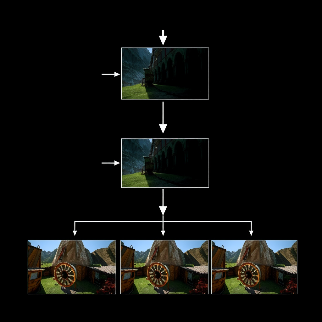 Flowchart diagram showing hierarchical video generation pipeline with three stages: keyframe generation at low resolution, temporal interpolation, and spatial upsampling, with example frames at each stage