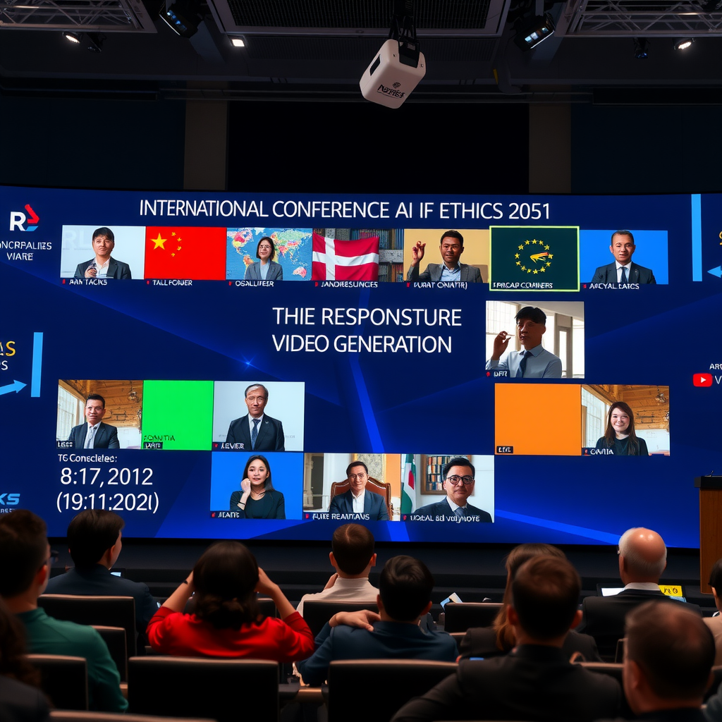 Virtual conference interface showing international collaboration on AI ethics with researchers from multiple countries participating in panel discussion about responsible video generation development, featuring diverse participants and multilingual presentation materials