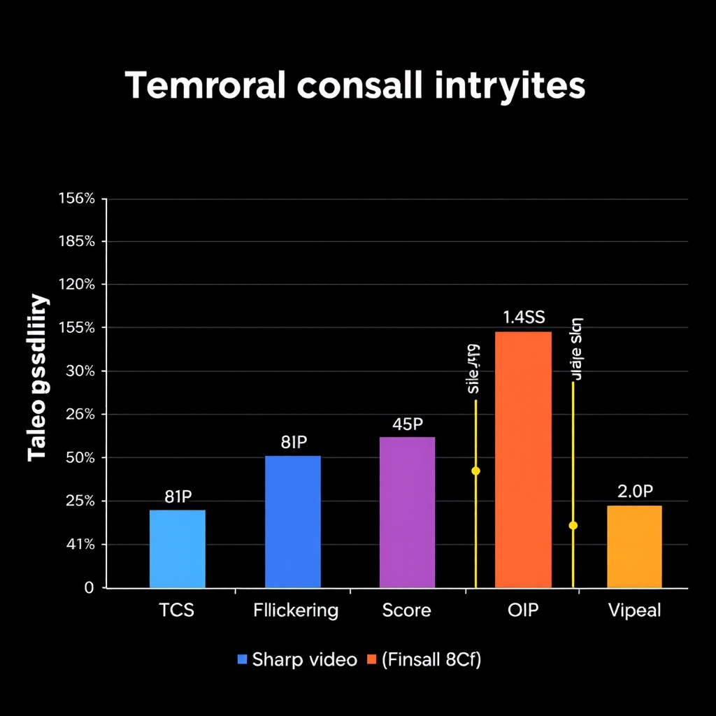 Bar chart comparing temporal consistency scores across different video generation models, showing metrics for TCS, Flickering Score, and OIP across five different approaches with Stable Video Diffusion highlighted