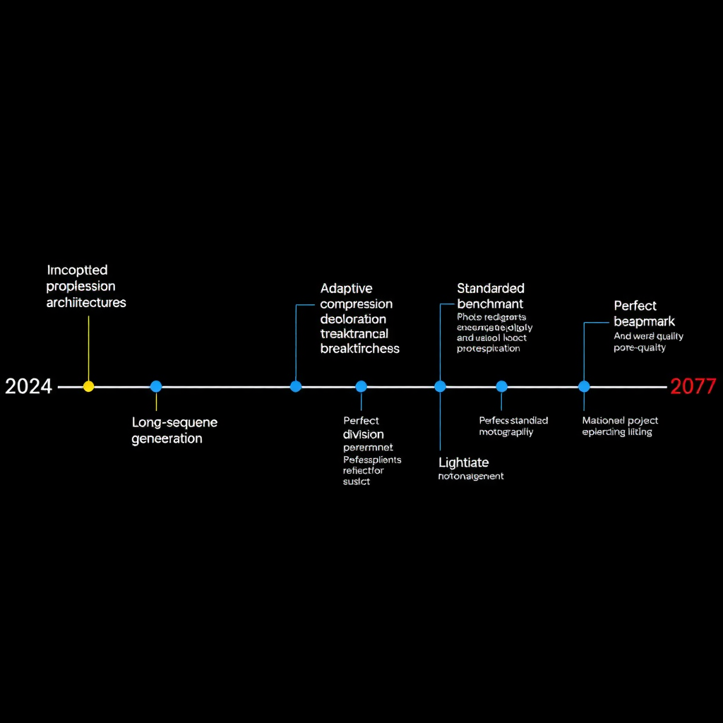 Timeline visualization showing the projected evolution of video diffusion architectures from 2024 to 2027, with key milestones including adaptive compression deployment, long-sequence generation breakthroughs, and standardized benchmark adoption, represented as connected nodes along a horizontal timeline with branching research paths