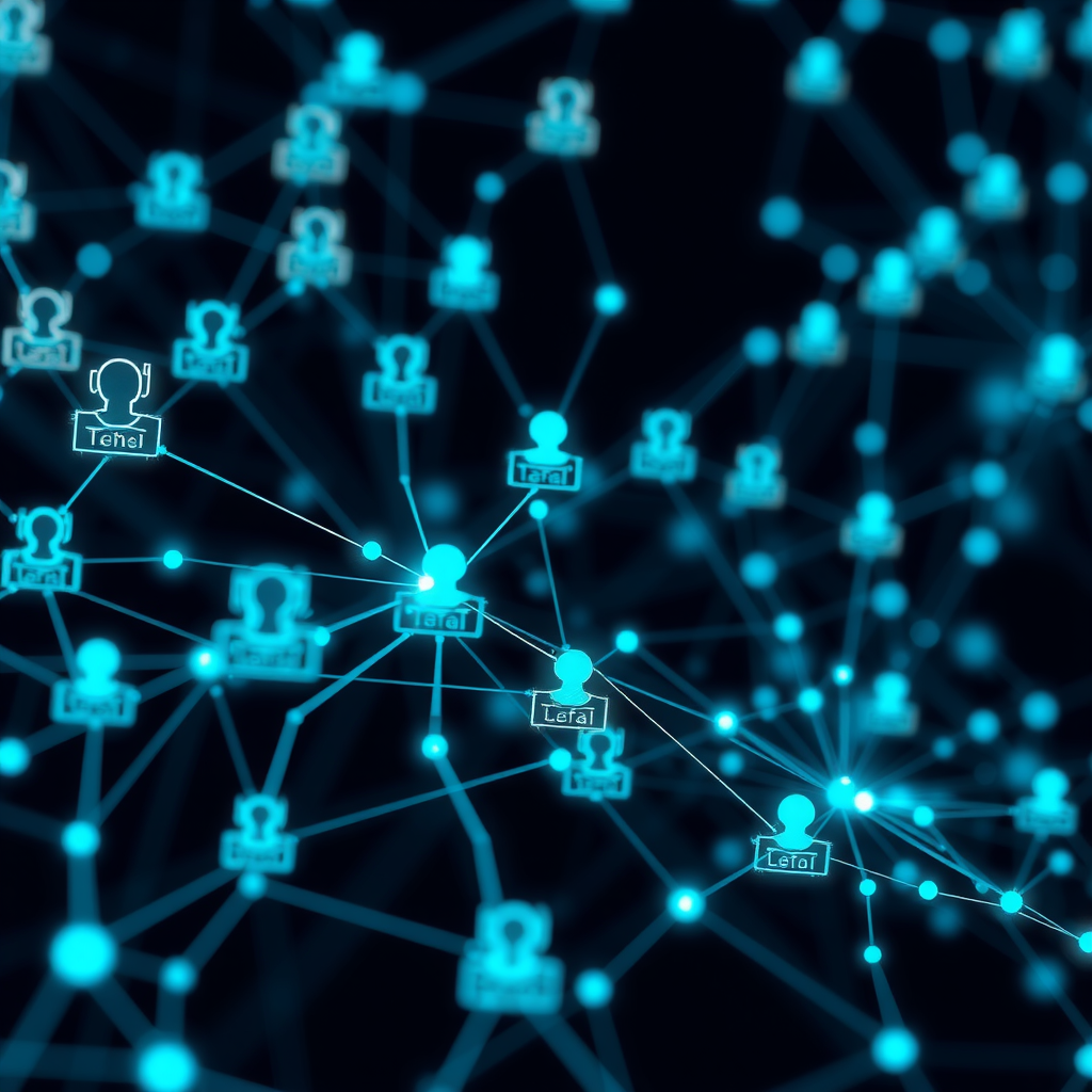 Abstract visualization of community collaboration showing interconnected developer profiles, code contributions flowing between projects, and knowledge sharing networks rendered in glowing teal and blue