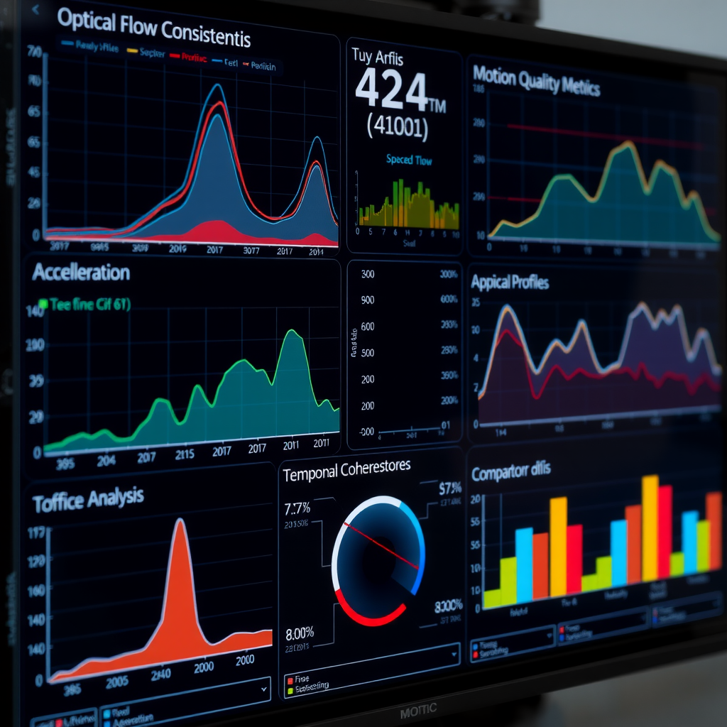 Detailed dashboard displaying various motion quality metrics including optical flow consistency graphs, acceleration profiles, temporal coherence scores, and comparative analysis charts with real-time data visualization